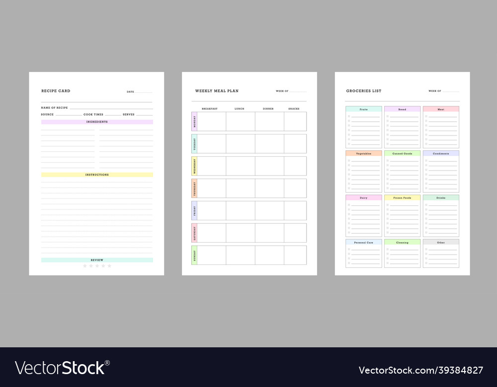 Recipe card meal planner and groceries list Vector Image