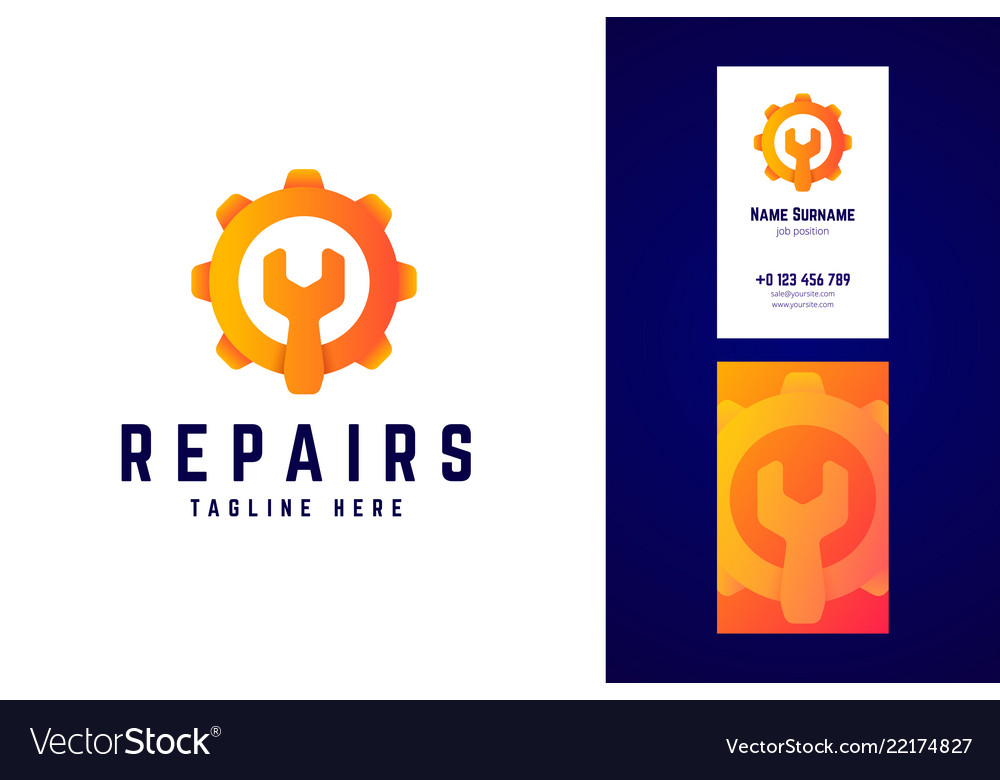 Repair logo and business card template gear sign vector image Repair logo and business card template gear sign