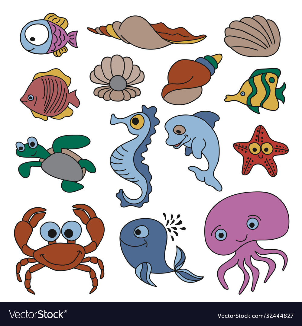 Sea life cartoon set Royalty Free Vector Image