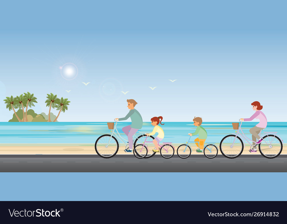 Family are riding on bicycles beach background