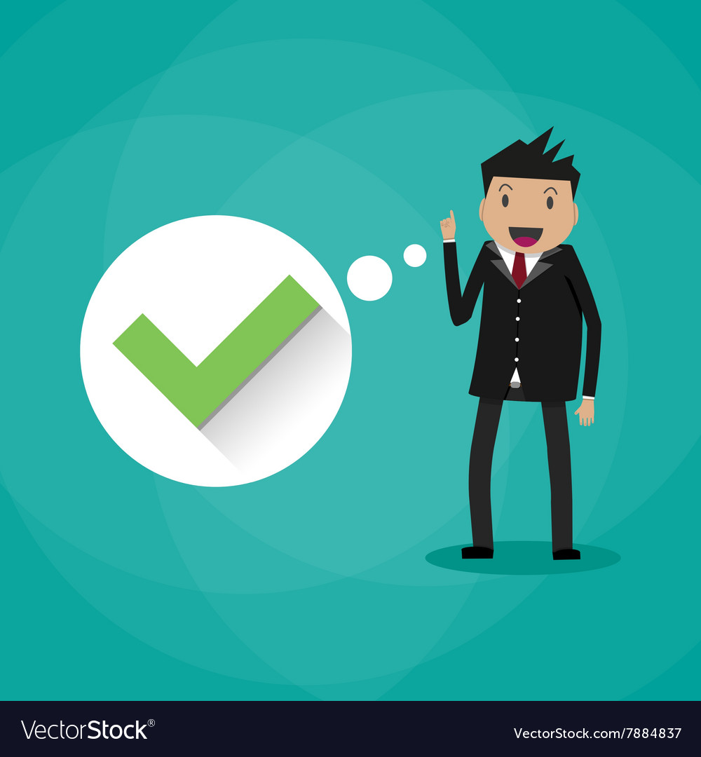 Happy cartoon businessman with green tick