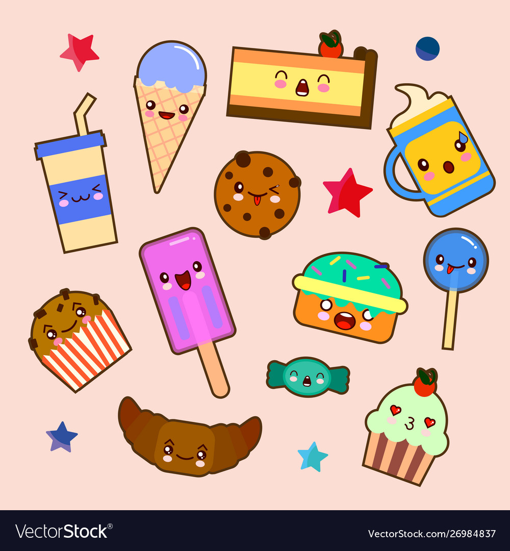 Set cute sweet icons in kawaii style Royalty Free Vector