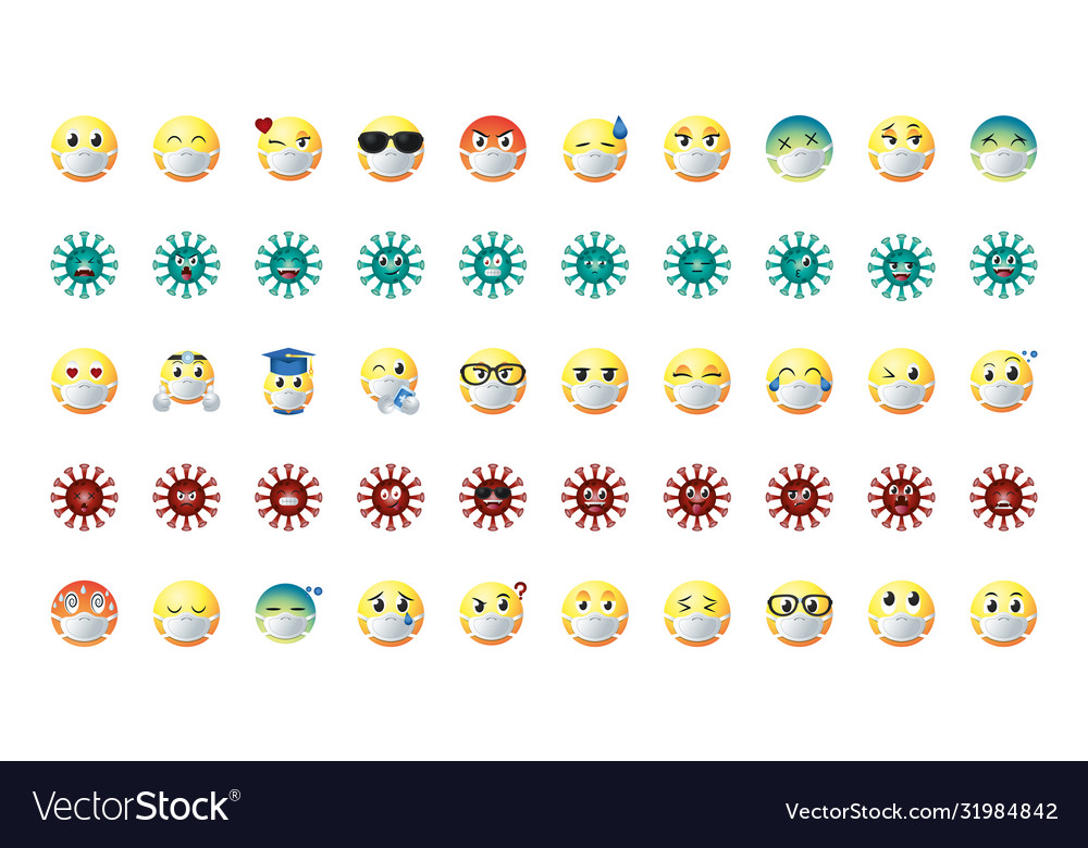 Emojis with masks gradient style icon set vector image Emojis with masks gradient style icon set