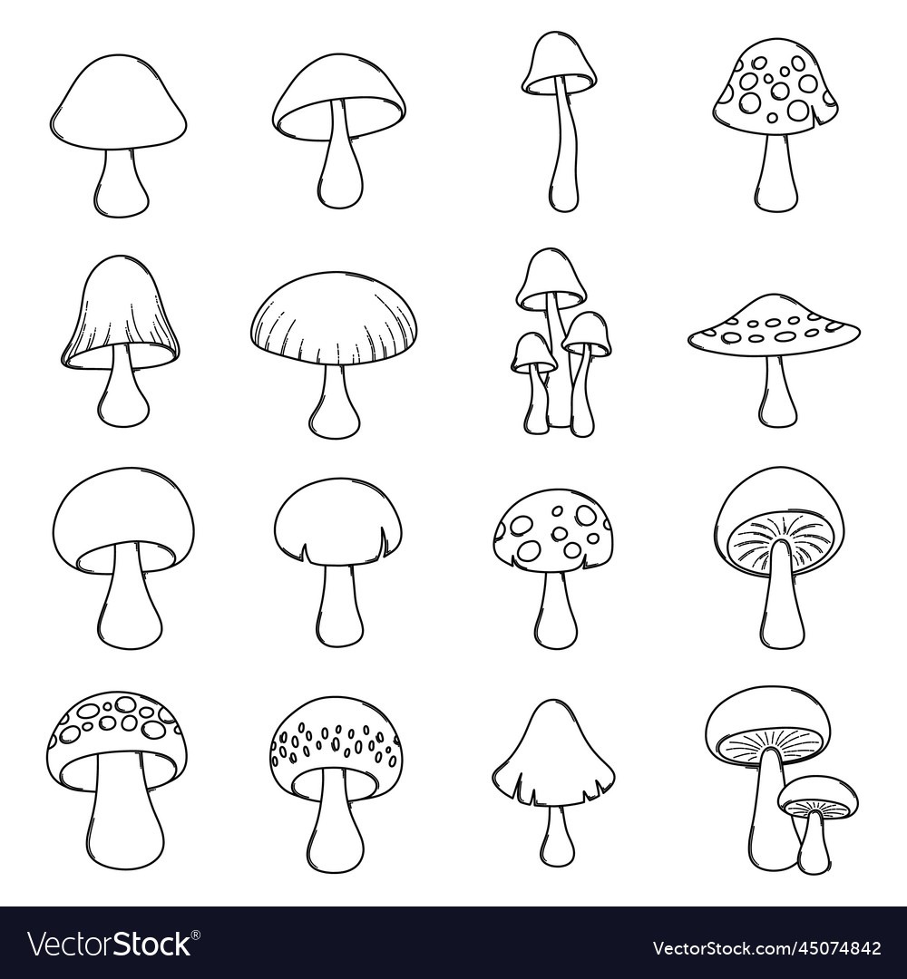 Mushroom doodle icon set drawing sketch Royalty Free Vector