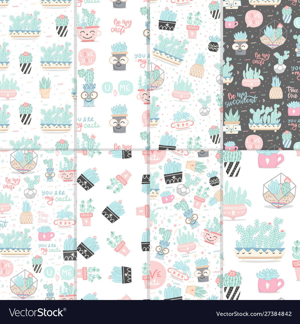Set seamless patterns with cactuses vector image Set seamless patterns with cactuses