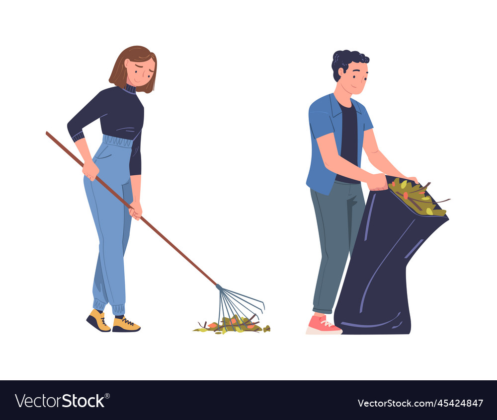 Man and woman volunteer character with rake