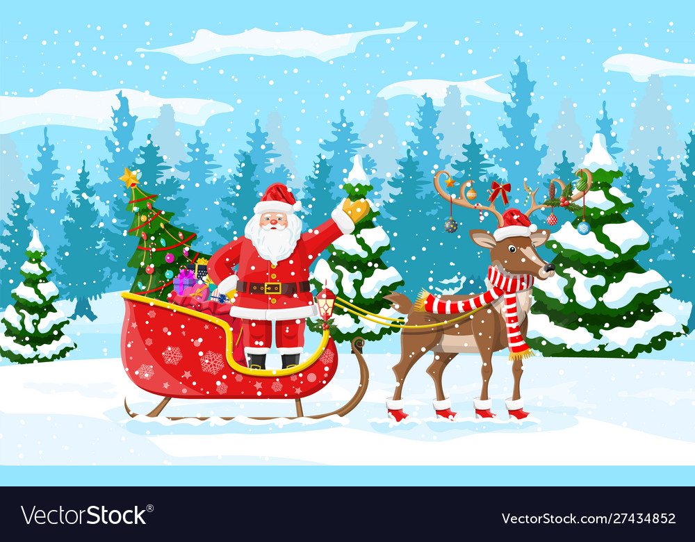 Christmas santa claus rides reindeer sleigh Vector Image