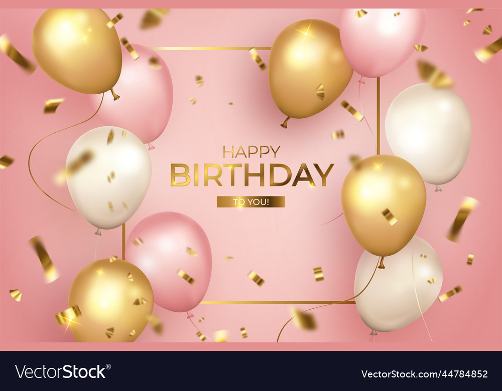 Realistic happy birthday with golden frame design