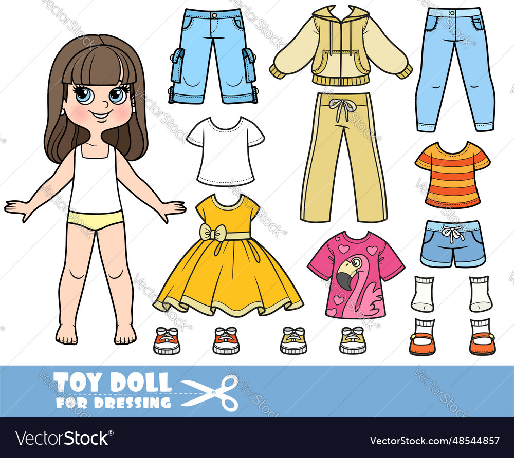 Cartoon brunette girl and clothes separately Vector Image