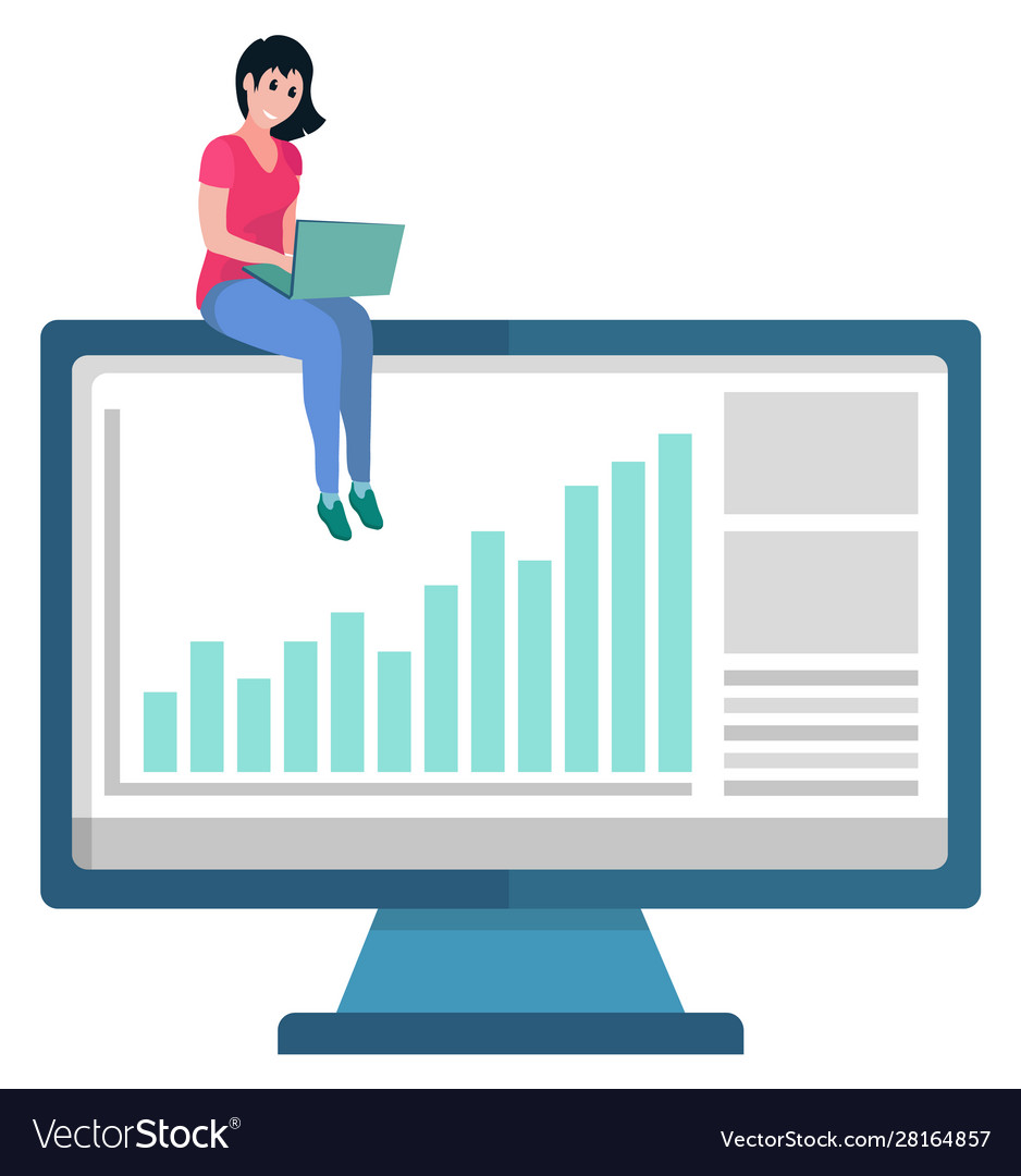 Computer monitor and working lady with laptop vector image Computer monitor and working lady with laptop