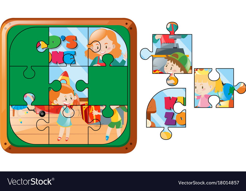 Jigsaw puzzle game with kids walking in park Vector Image