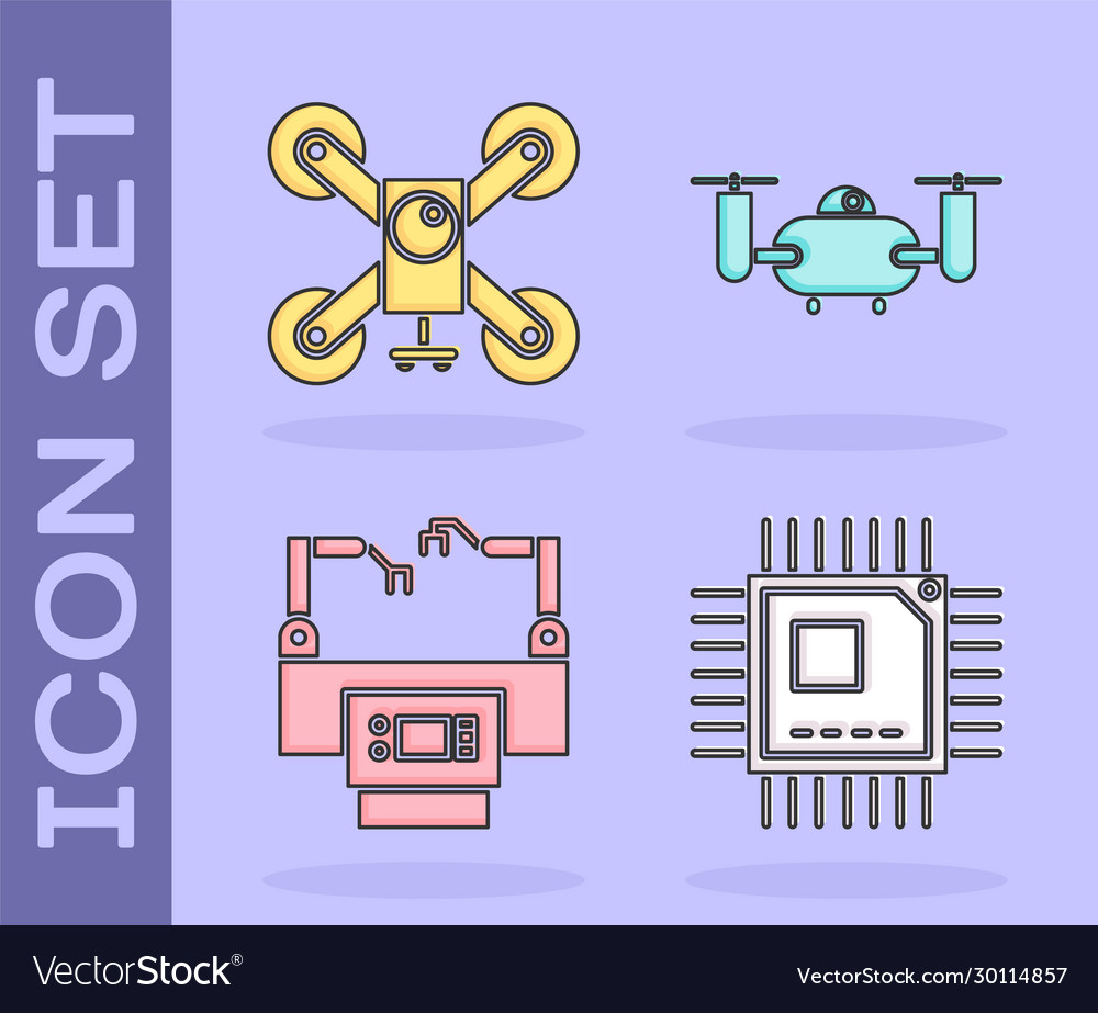 Set Prozessor mit Mikroschaltungen cpu Drohne fliegen vector image Set Prozessor mit Mikroschaltungen cpu Drohne fliegen