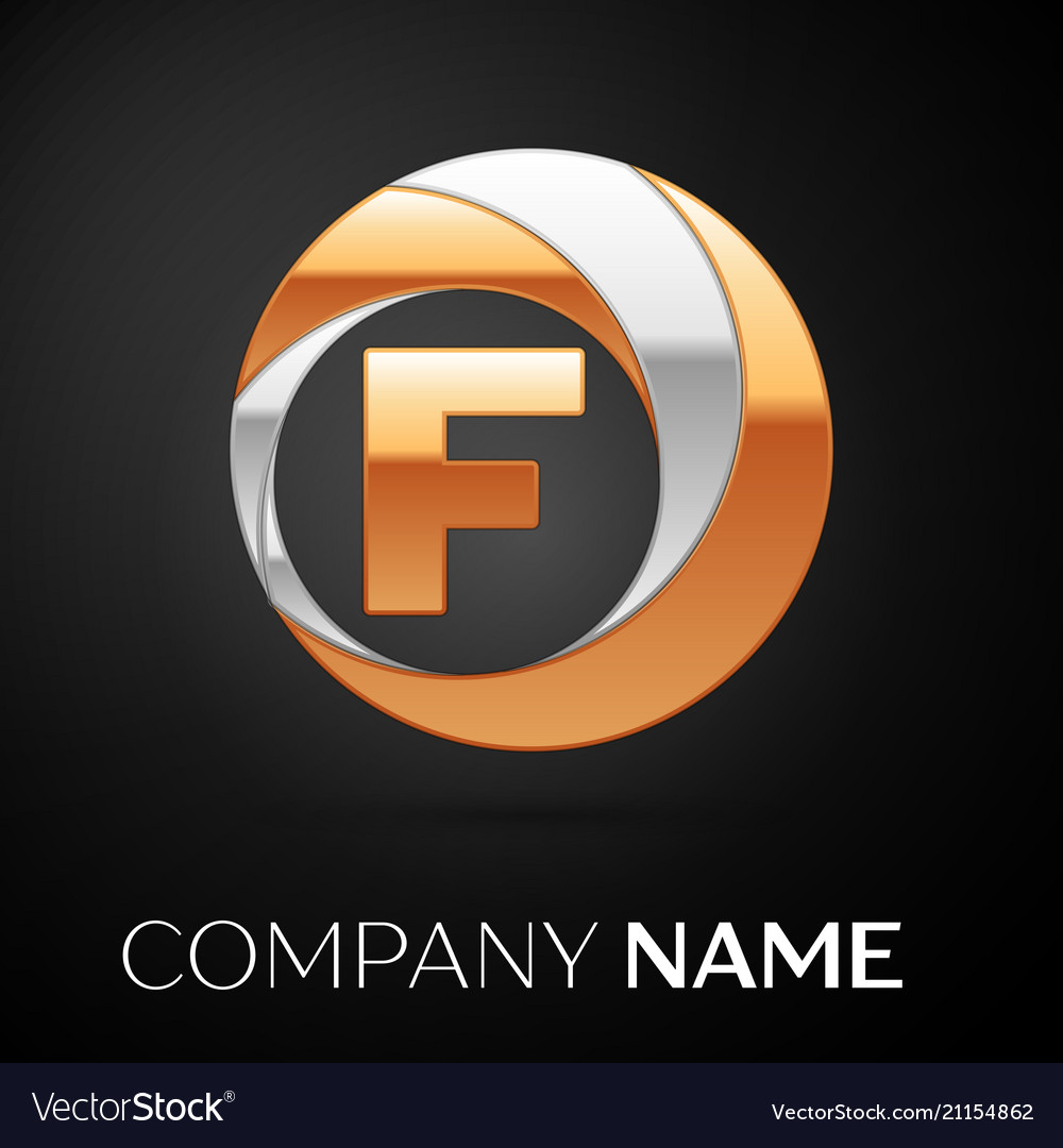 Letter f logo symbol in the golden-silver circle Vector Image