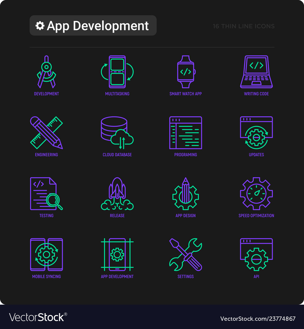 App development thin line icons set vector image App development thin line icons set