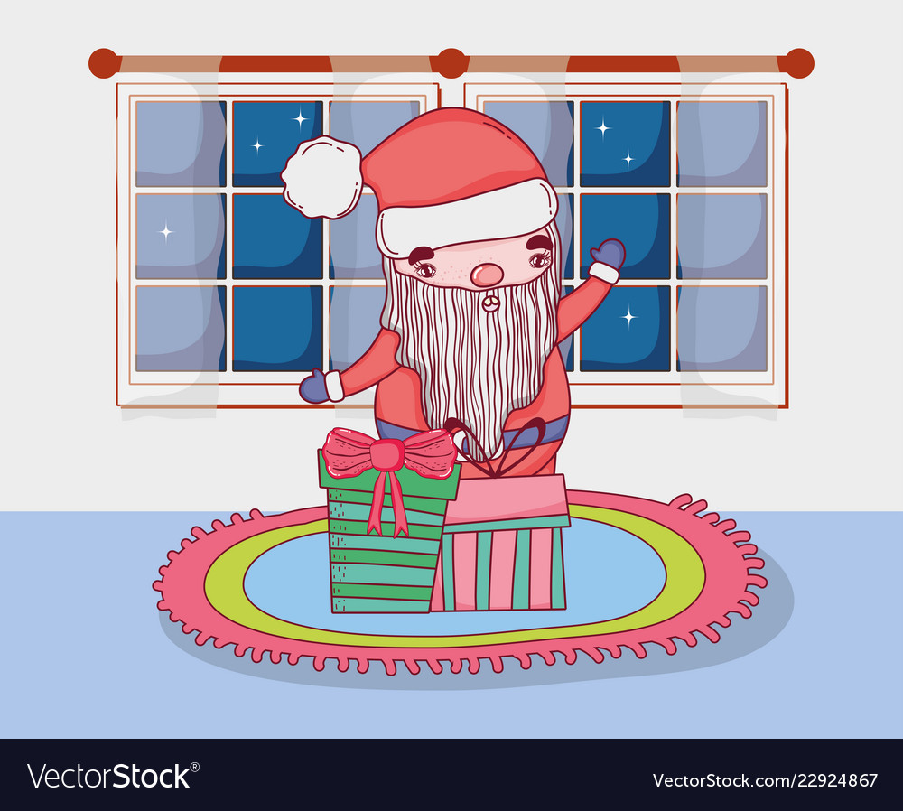 Cute christmas santa claus with gifts in the house