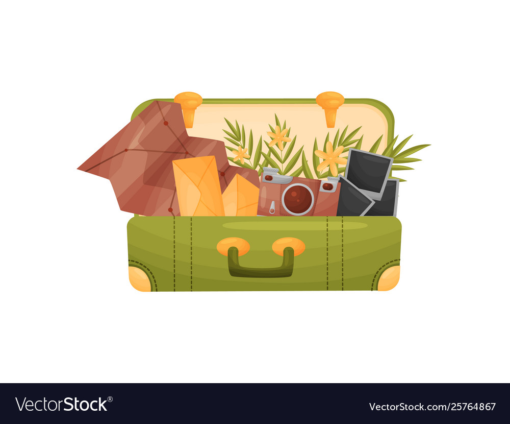 Open a green suitcase with attributes vector image Open a green suitcase with attributes