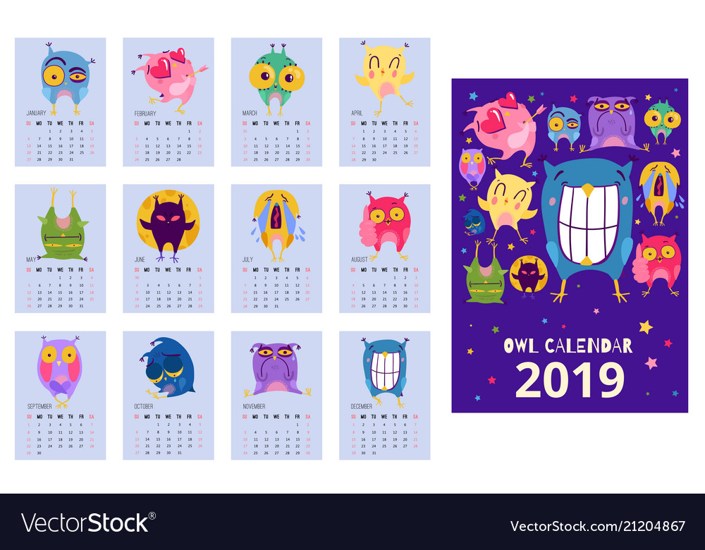 Owl calendar template Royalty Free Vector Image