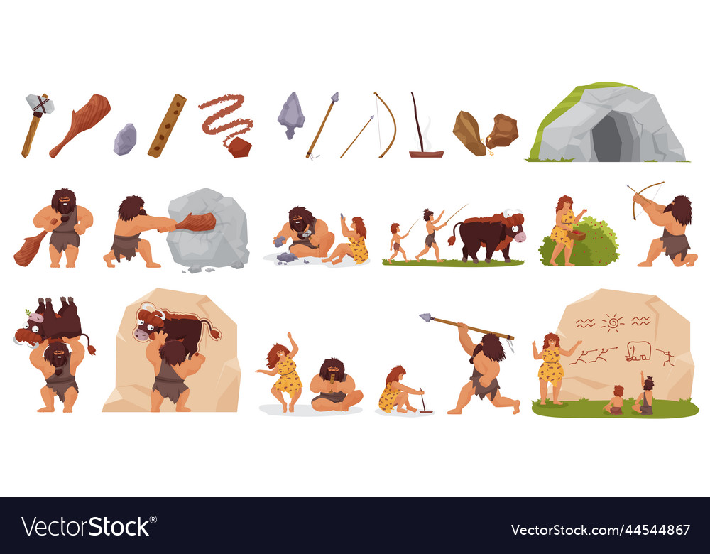 Primitive people hunt set wild caveman hunting Vector Image