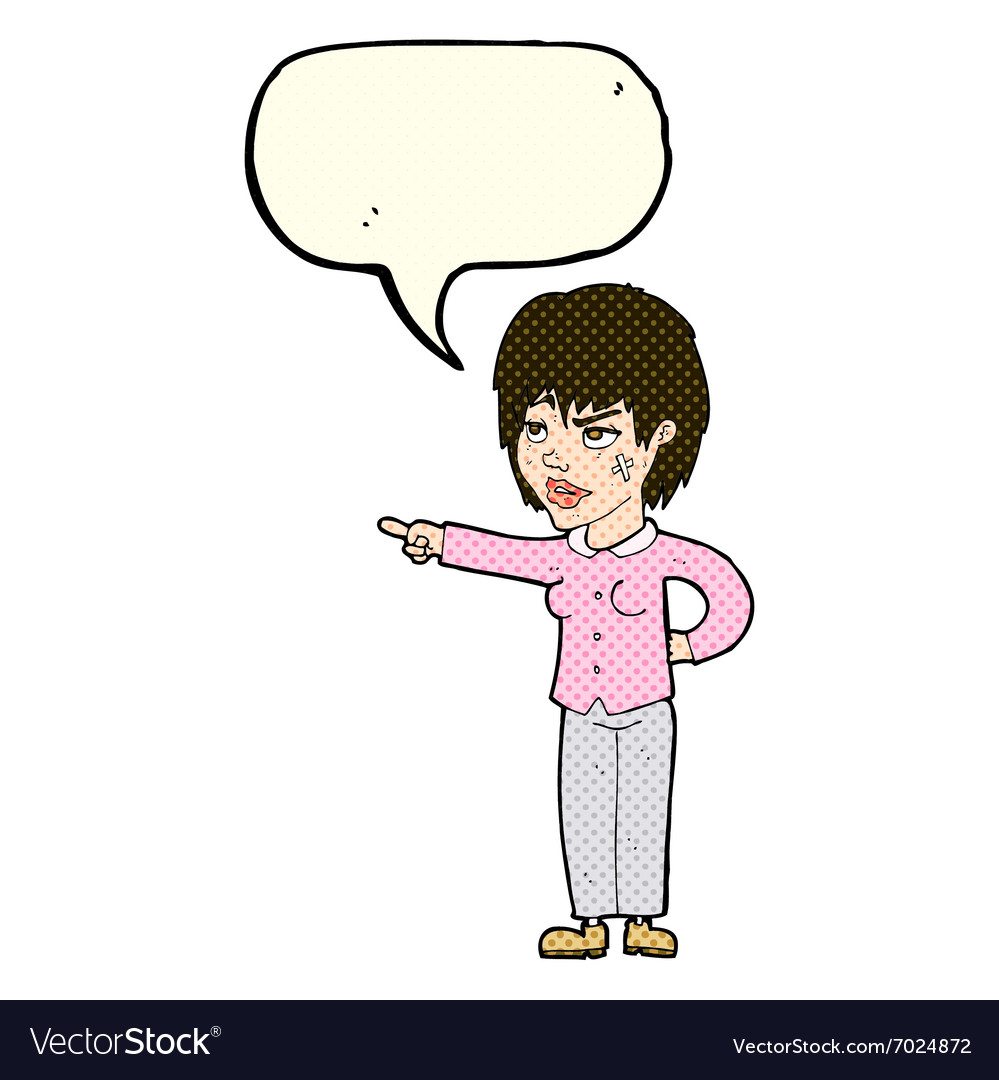 Cartoon woman pointing with speech bubble