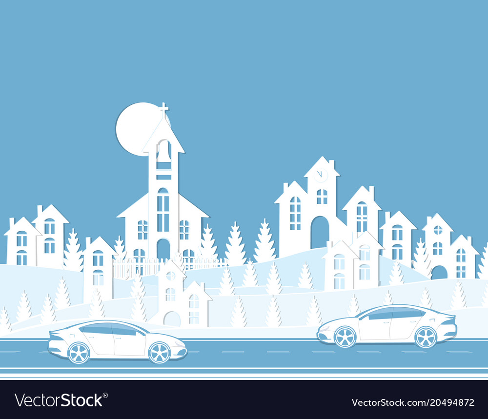 Graphic of a cityscape houses cars