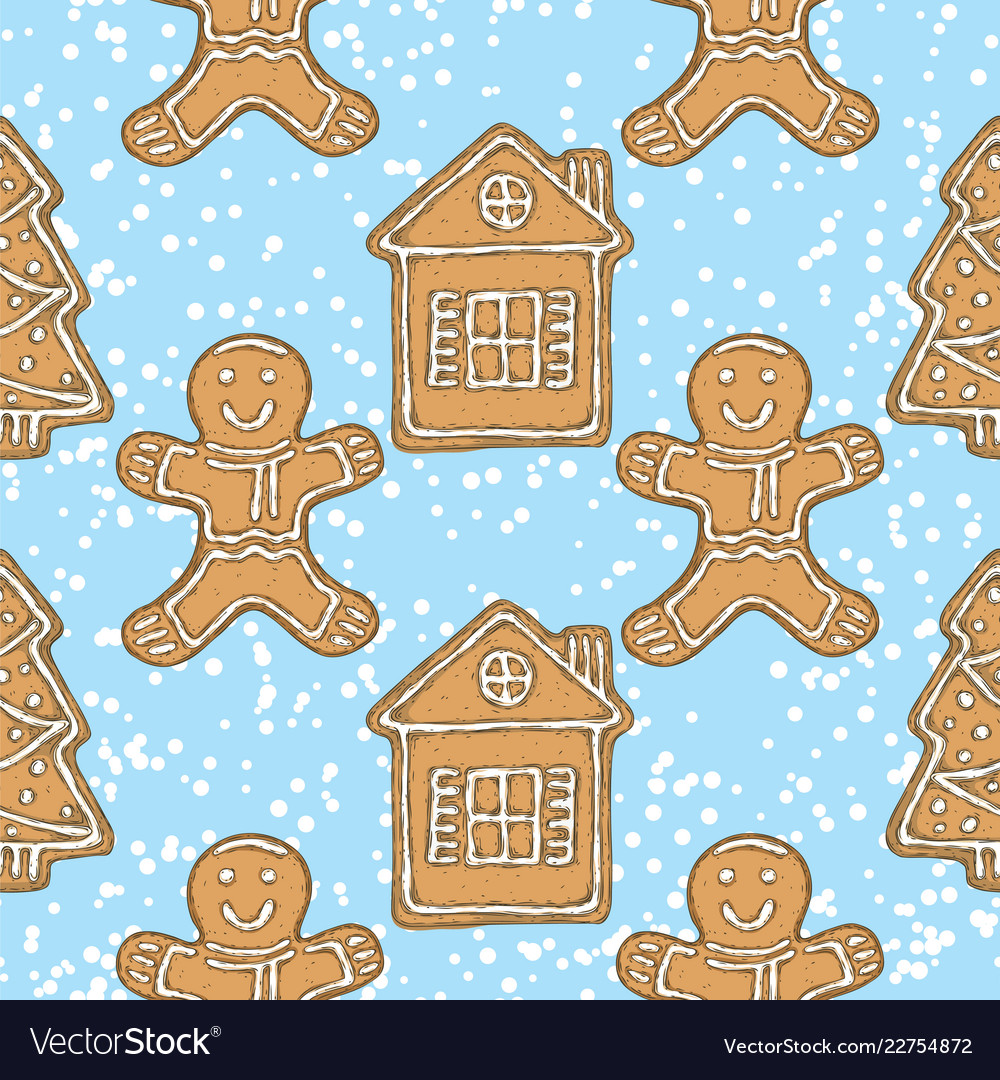 Seamless pattern gingerbread man house and tree