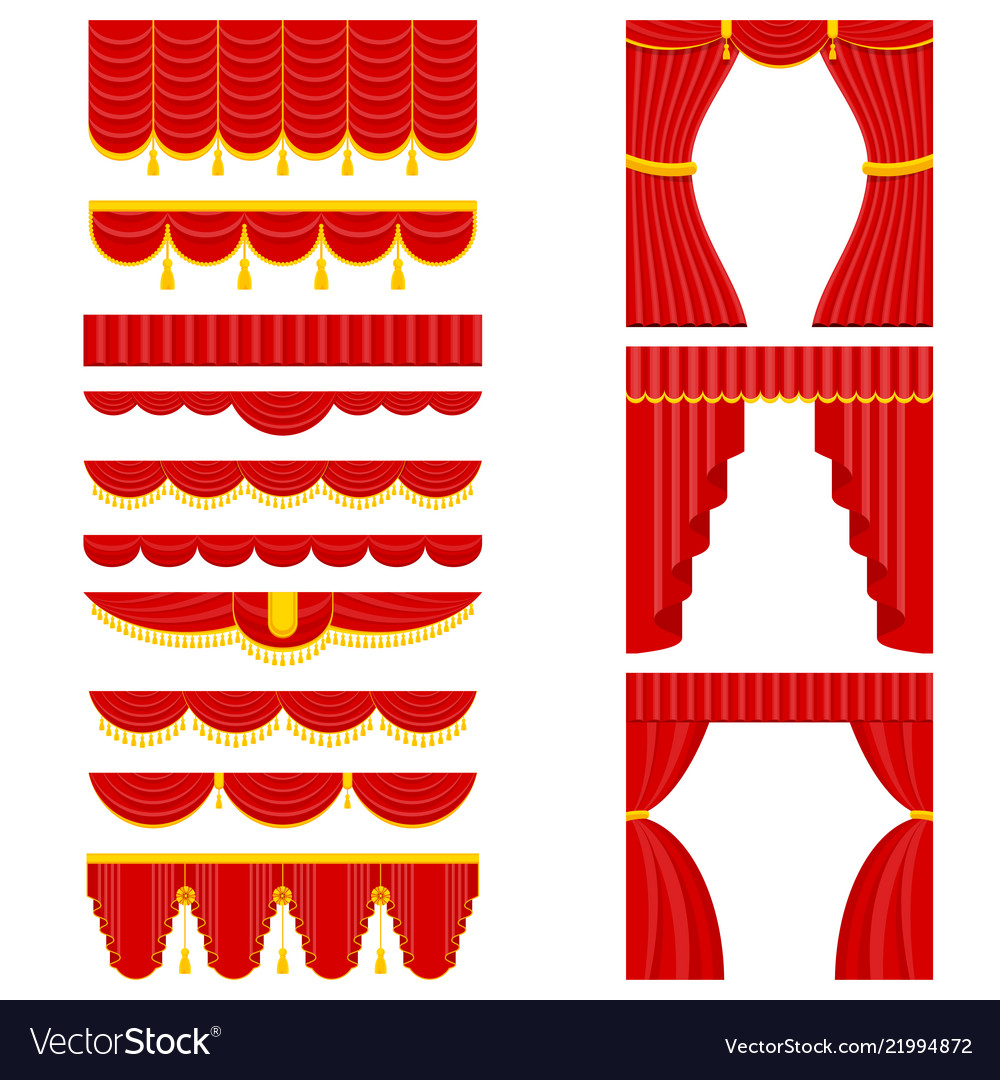 Set of red theater curtain and lambrequins vector image Set of red theater curtain and lambrequins