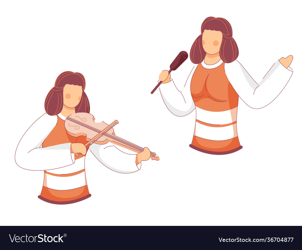 Cartoon young girls singer and guitarist on white