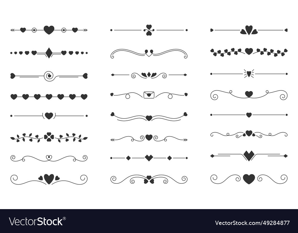 Hearts border divider black silhouette glyph set Vector Image