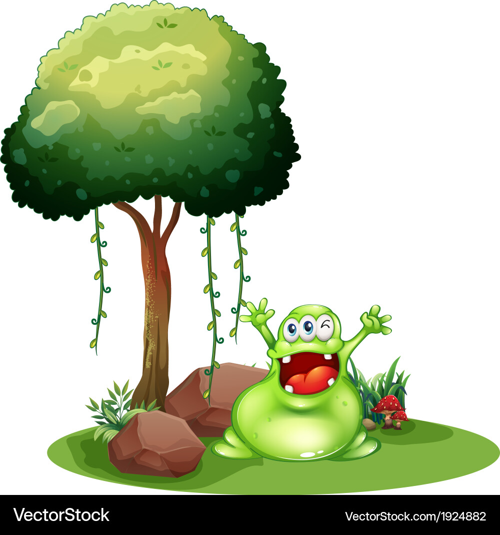 A happy monster near the tree Royalty Free Vector Image