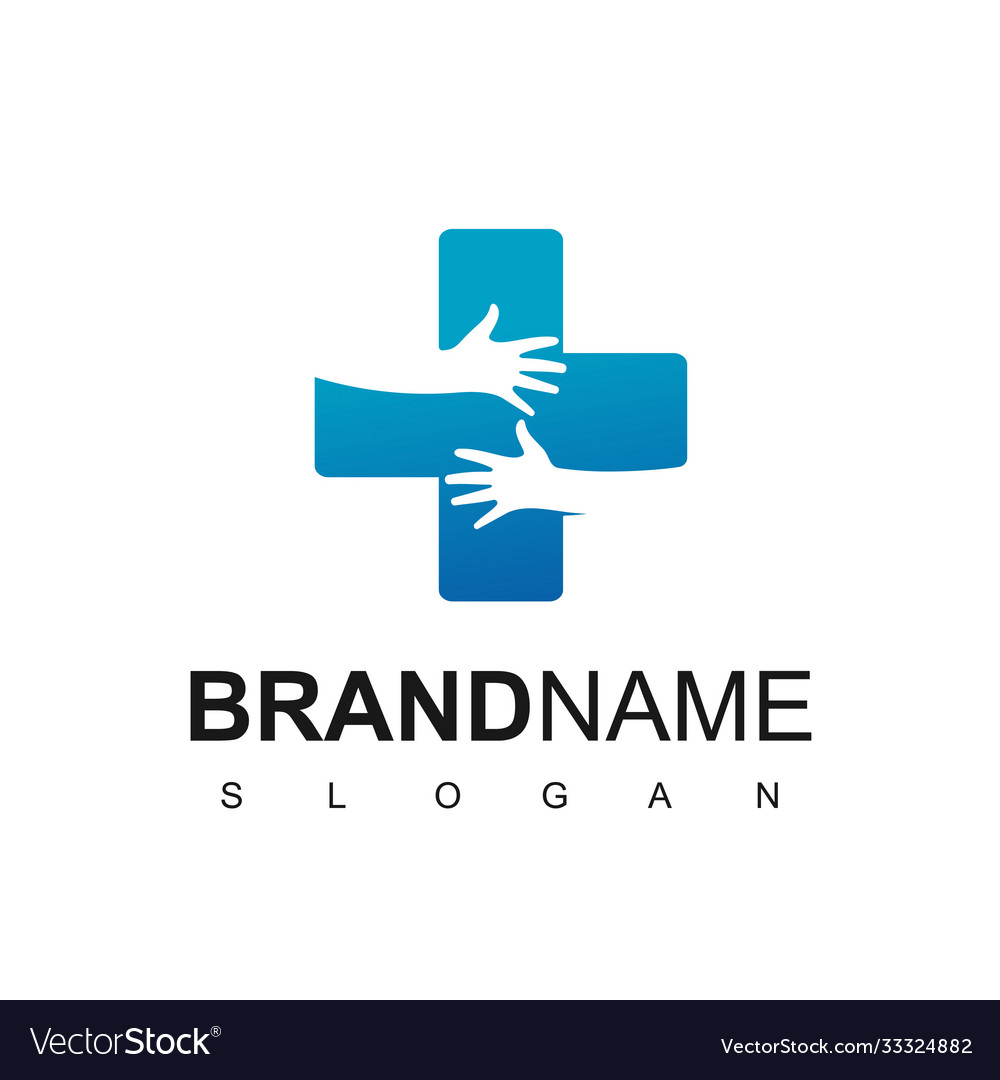 Health care logo with plus and hug hand symbol Vector Image