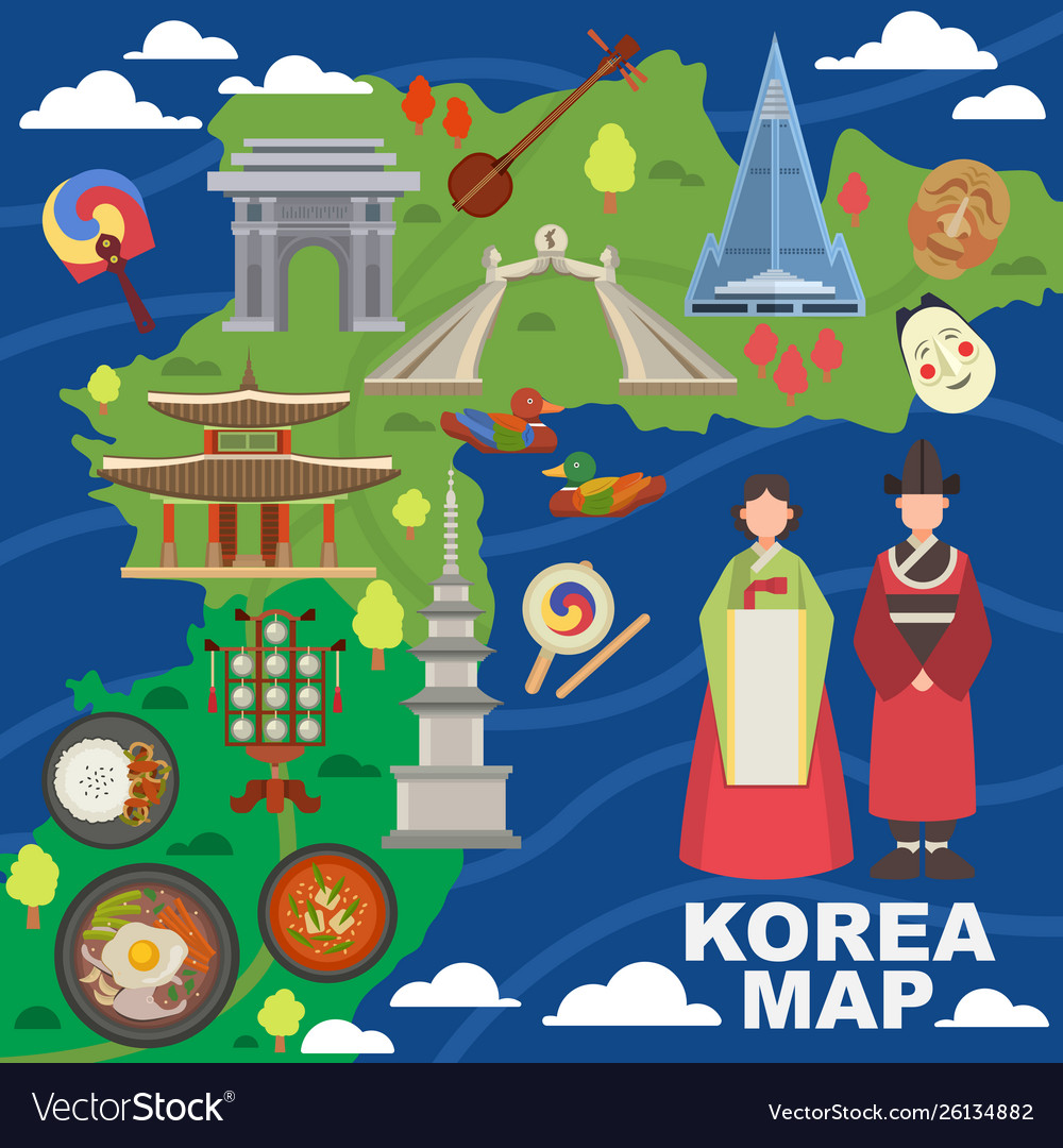 Korea map korean characters culture Royalty Free Vector