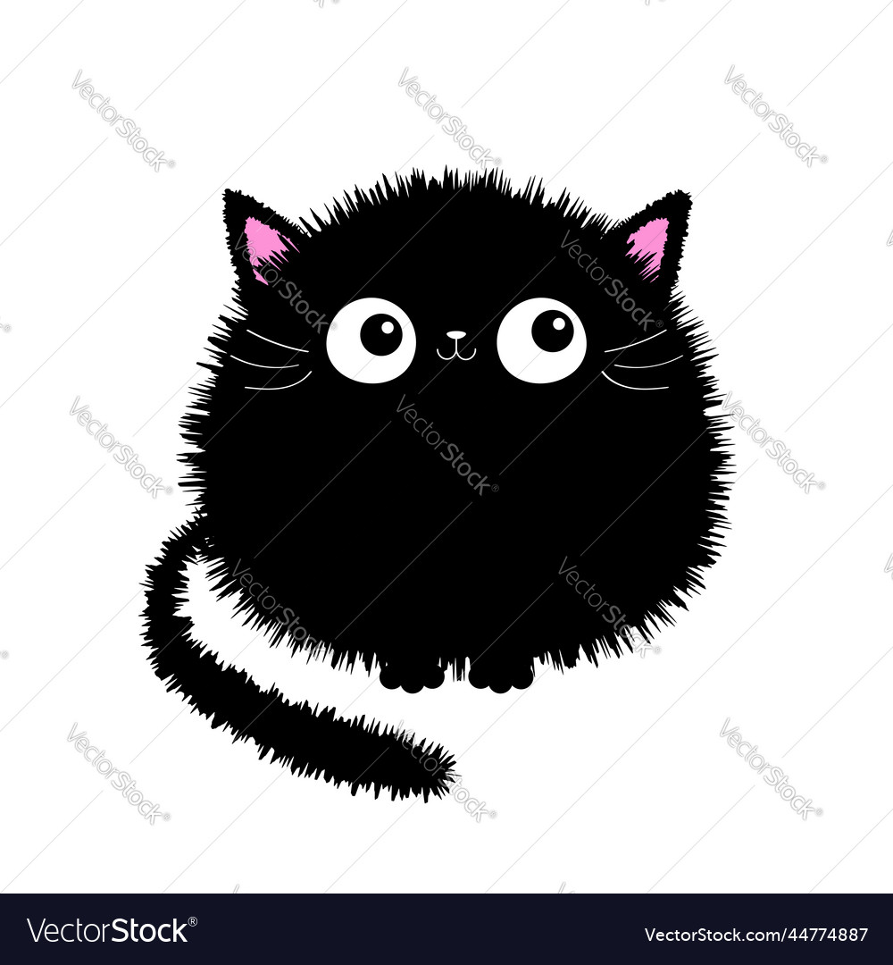 Black Round Fluffy Kitten Icon. Face Head Body, Tail. Cat Fat