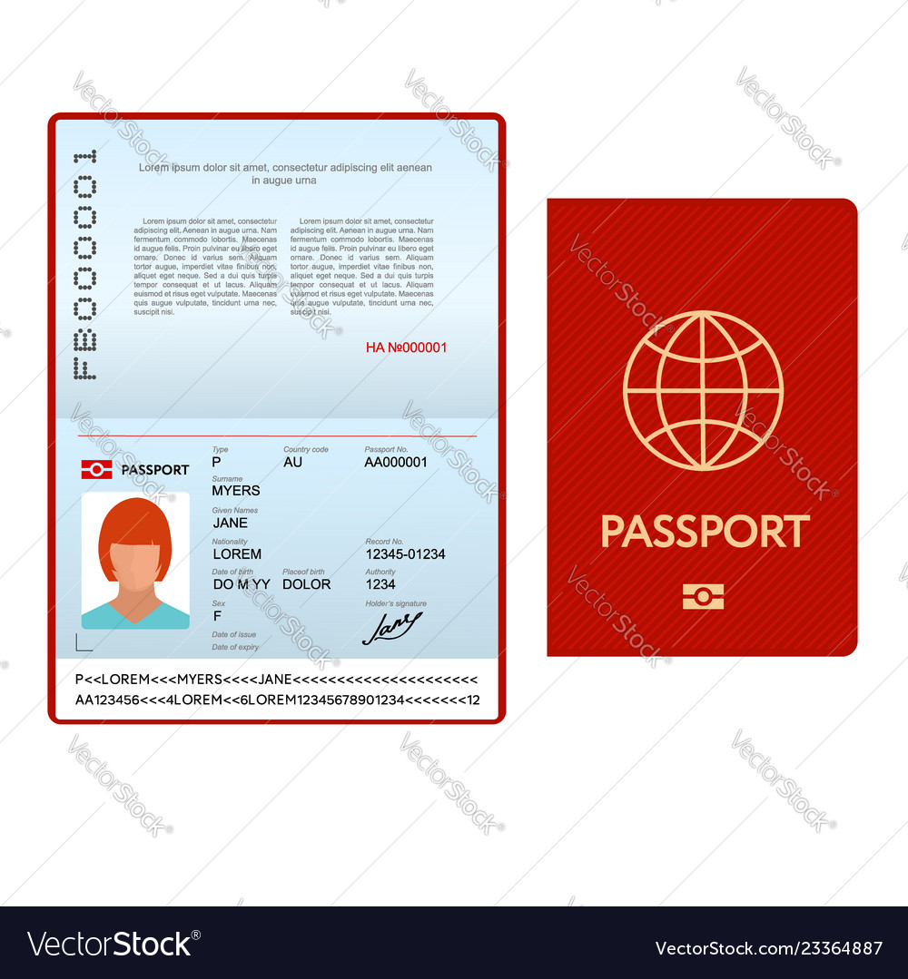 Opened international passport template with red