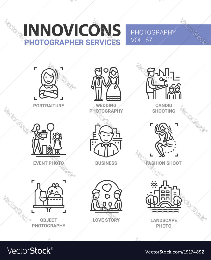 Photographer services - line design icons set Vector Image