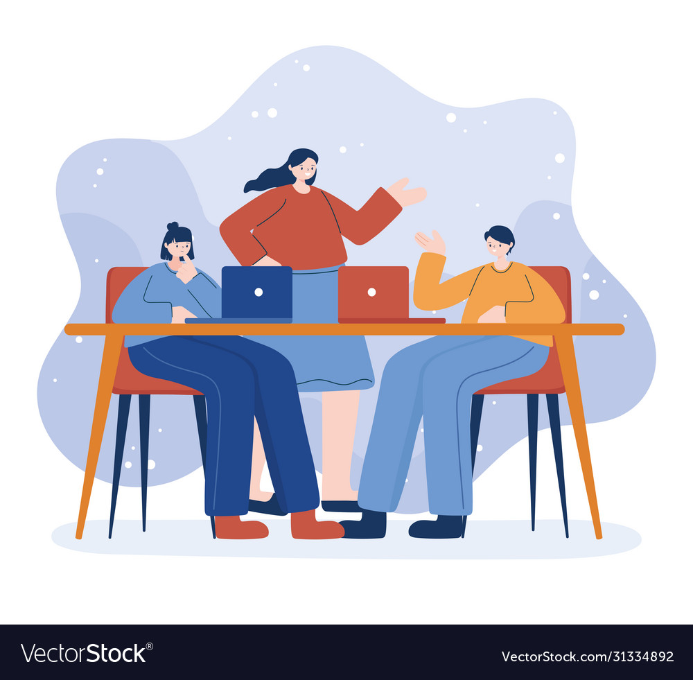 Women and man with laptop on desk design