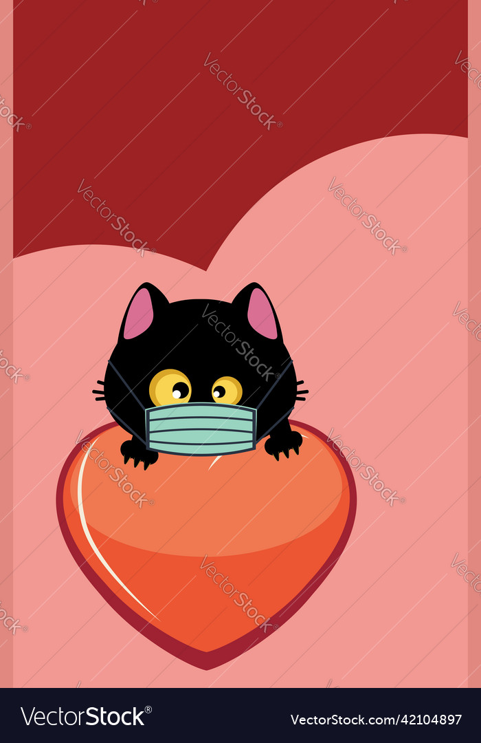 Black cat head in mask and heart