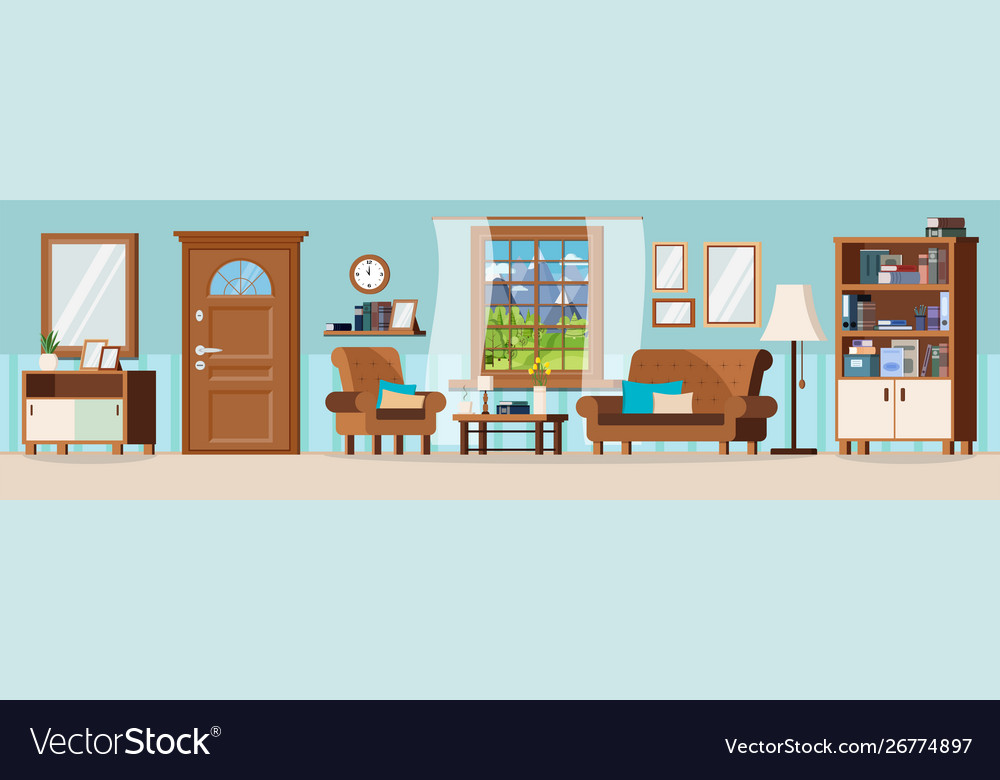 Cozy hall living room with furniture flat design