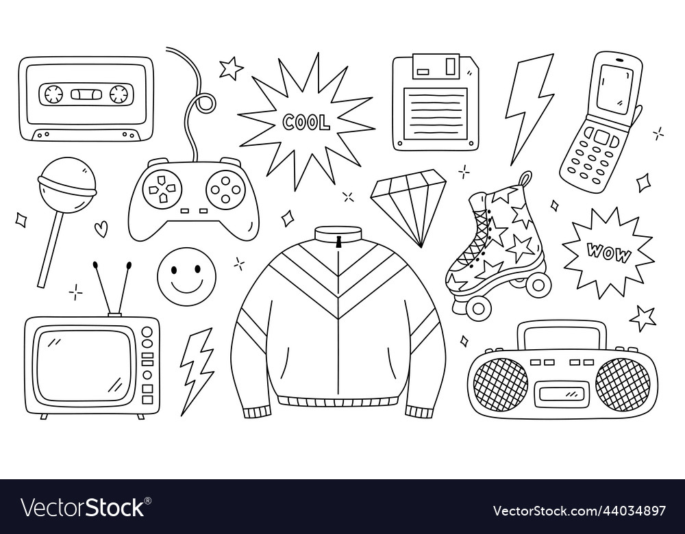 Doodle set of items from the nineties vector image Doodle set of items from the nineties
