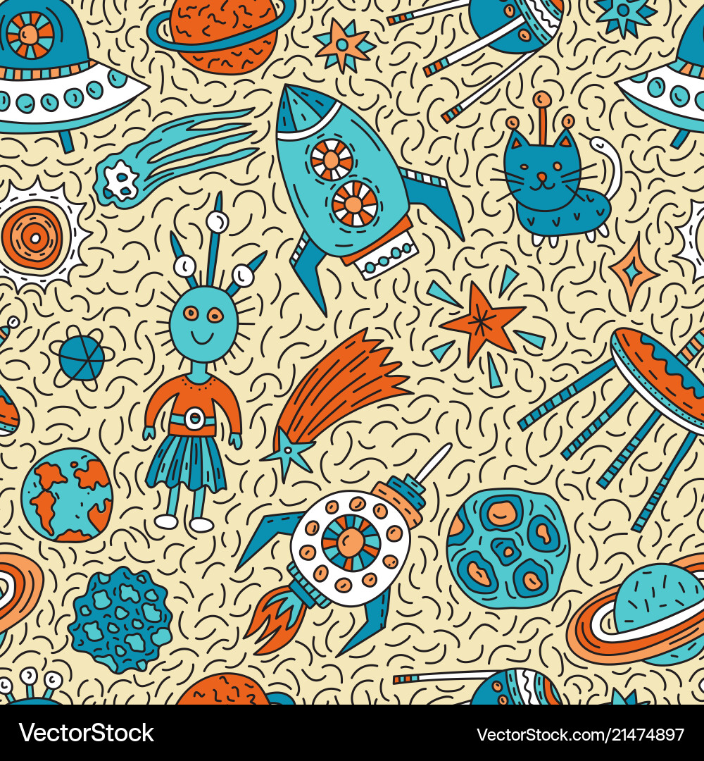 Seamless pattern with funny cartoon space elements
