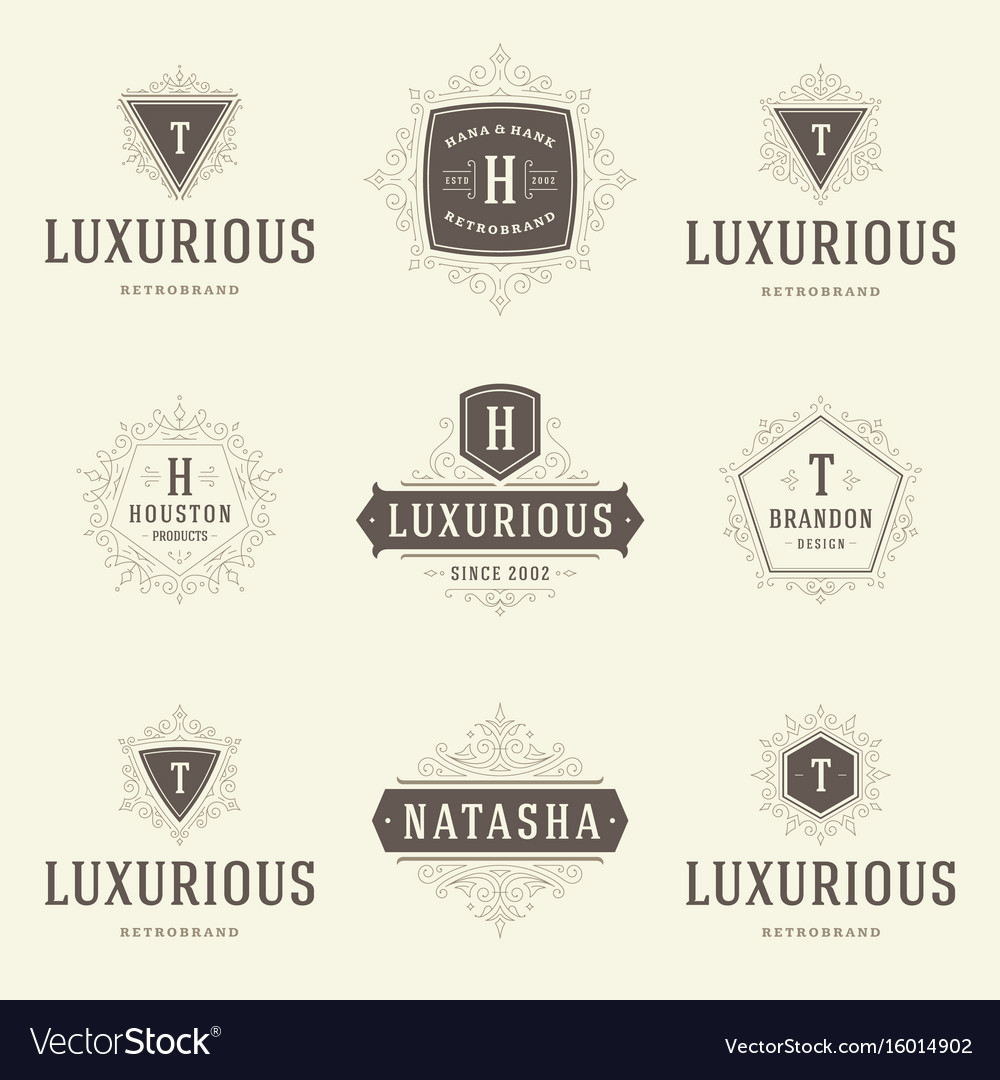 Luxury logos templates set flourishes Royalty Free Vector