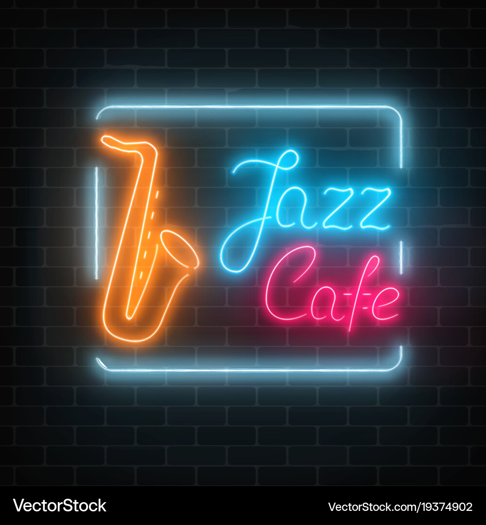 Neon jazz cafe and saxophone glowing sign Vector Image
