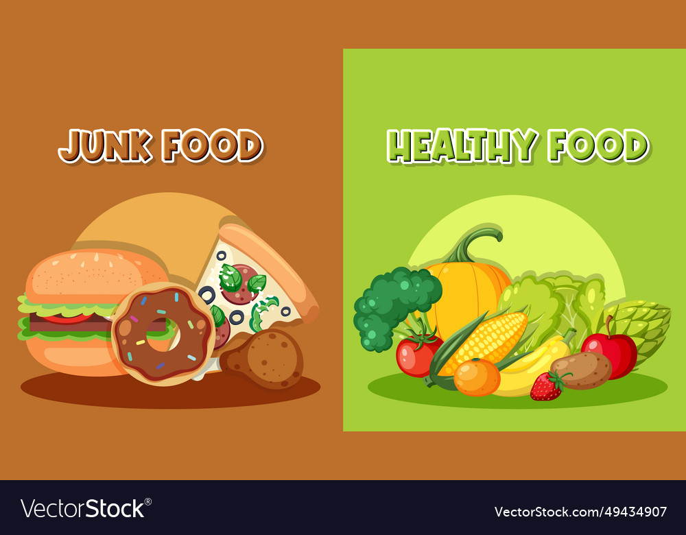 Comparison of healthy food vs unhealthy junk Vector Image