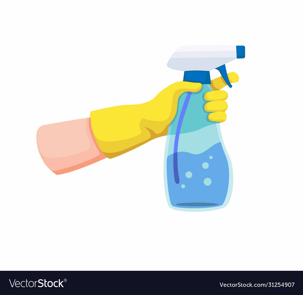 Hand with yellow glove holding spray bottle