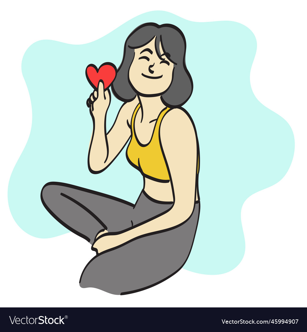 Line art woman insportswear holding red heart