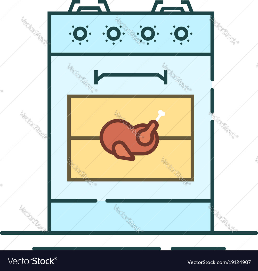 Linear gas stove with roast chicken inside