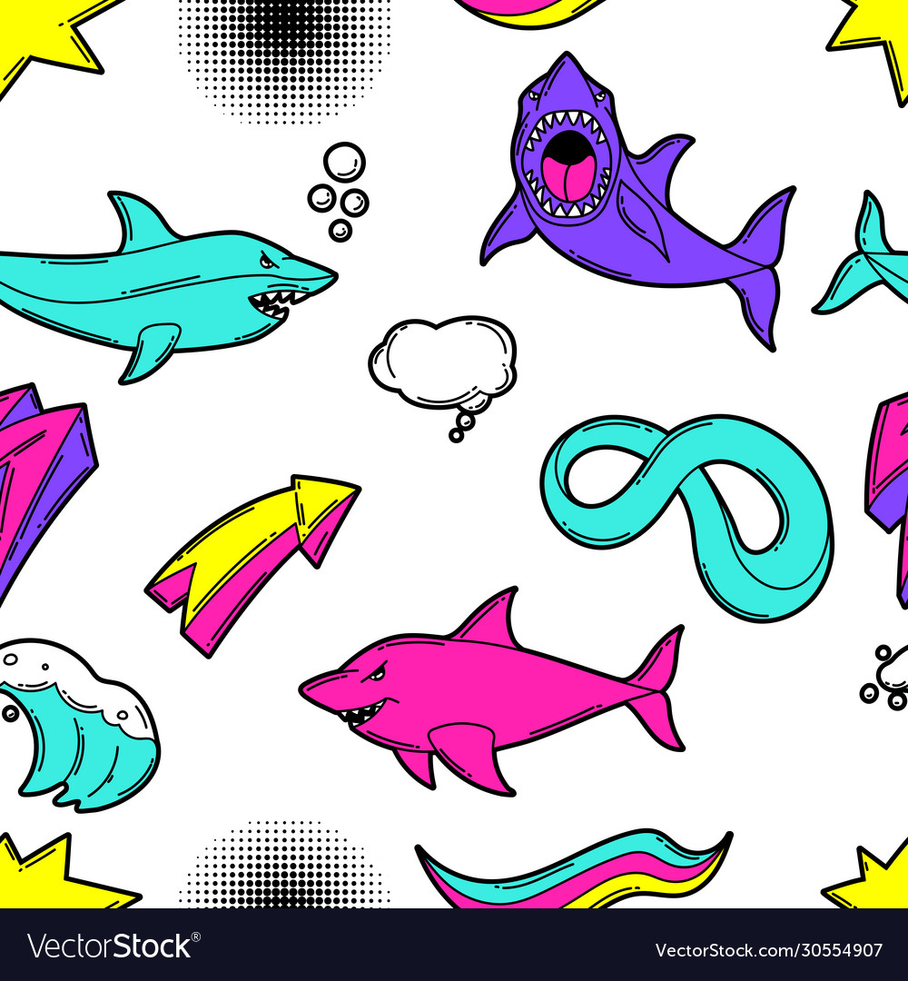 Seamless pattern with cartoon sharks urban