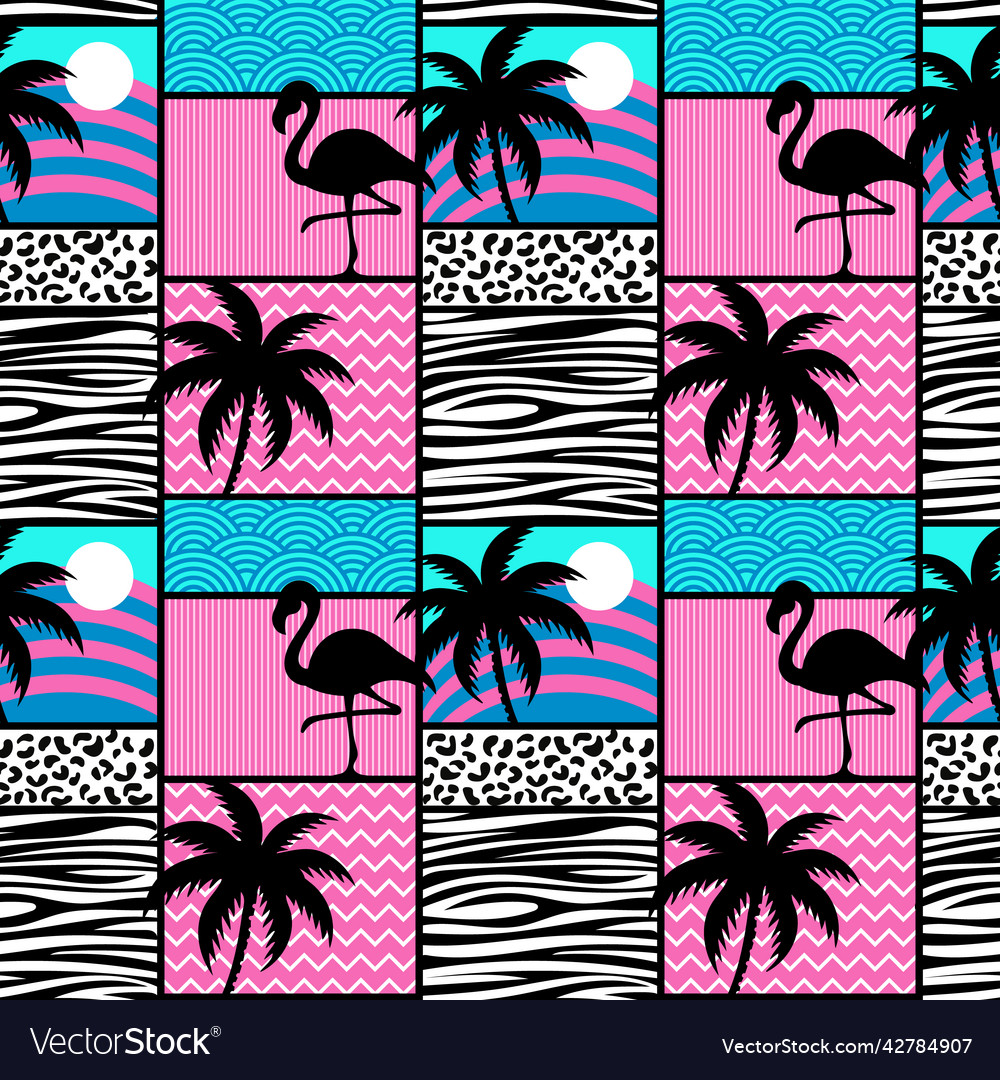 Seamless pattern with flamingos and palms exotic vector image Seamless pattern with flamingos and palms exotic