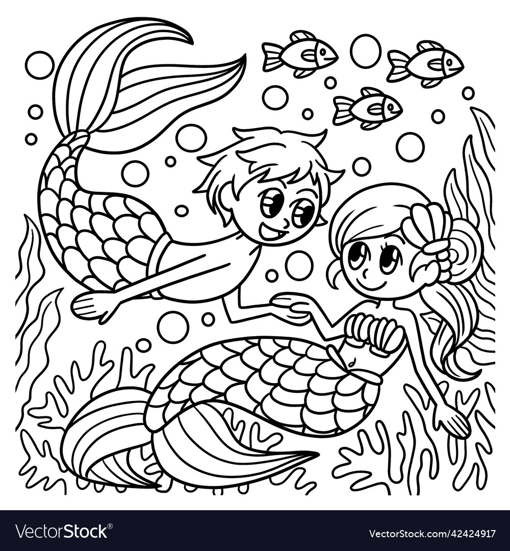 Mermaid and merman coloring page for kids Vector Image