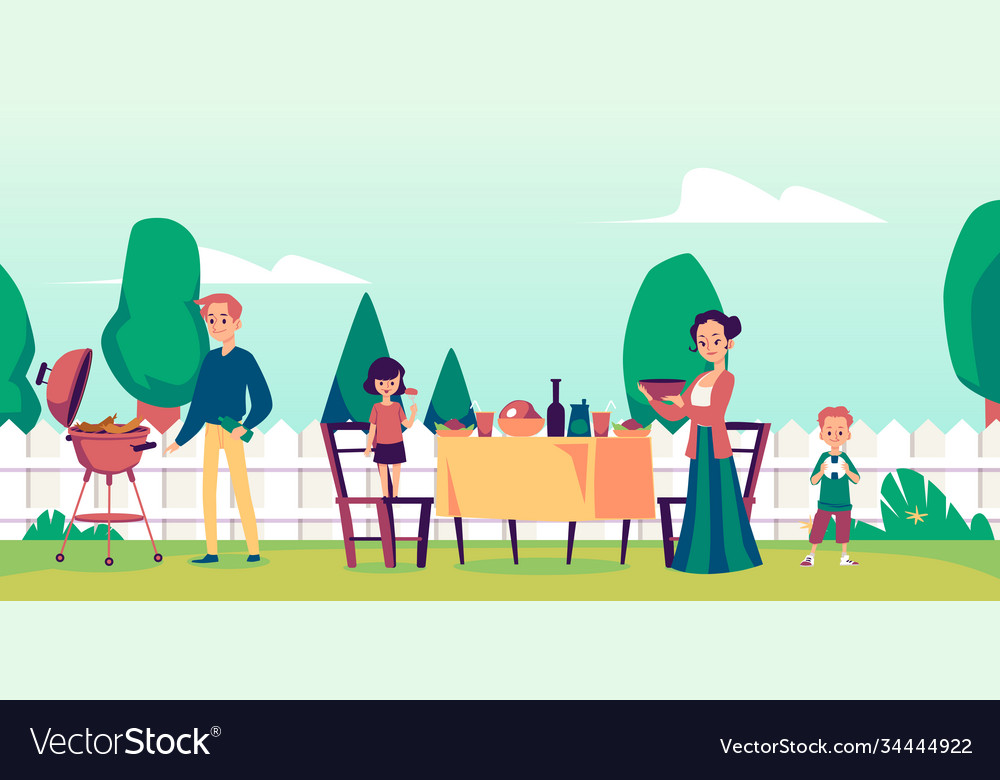 Family having barbecue party at backyard house Vector Image