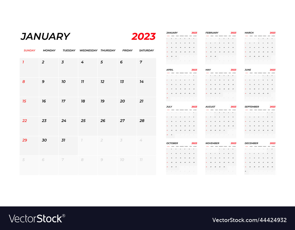 2023 calendar the week starts on sunday annual Vector Image